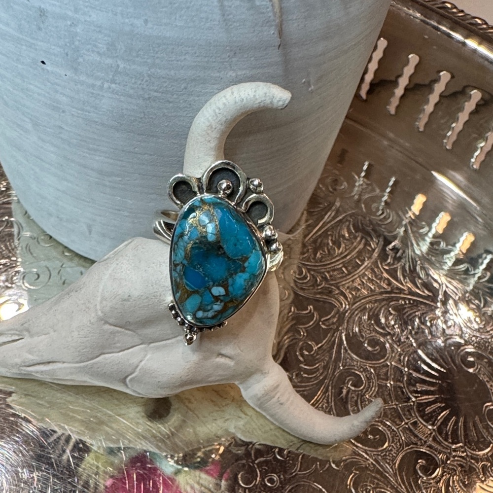 Blue Copper Turquoise Sterling Silver Statement Ring size 9